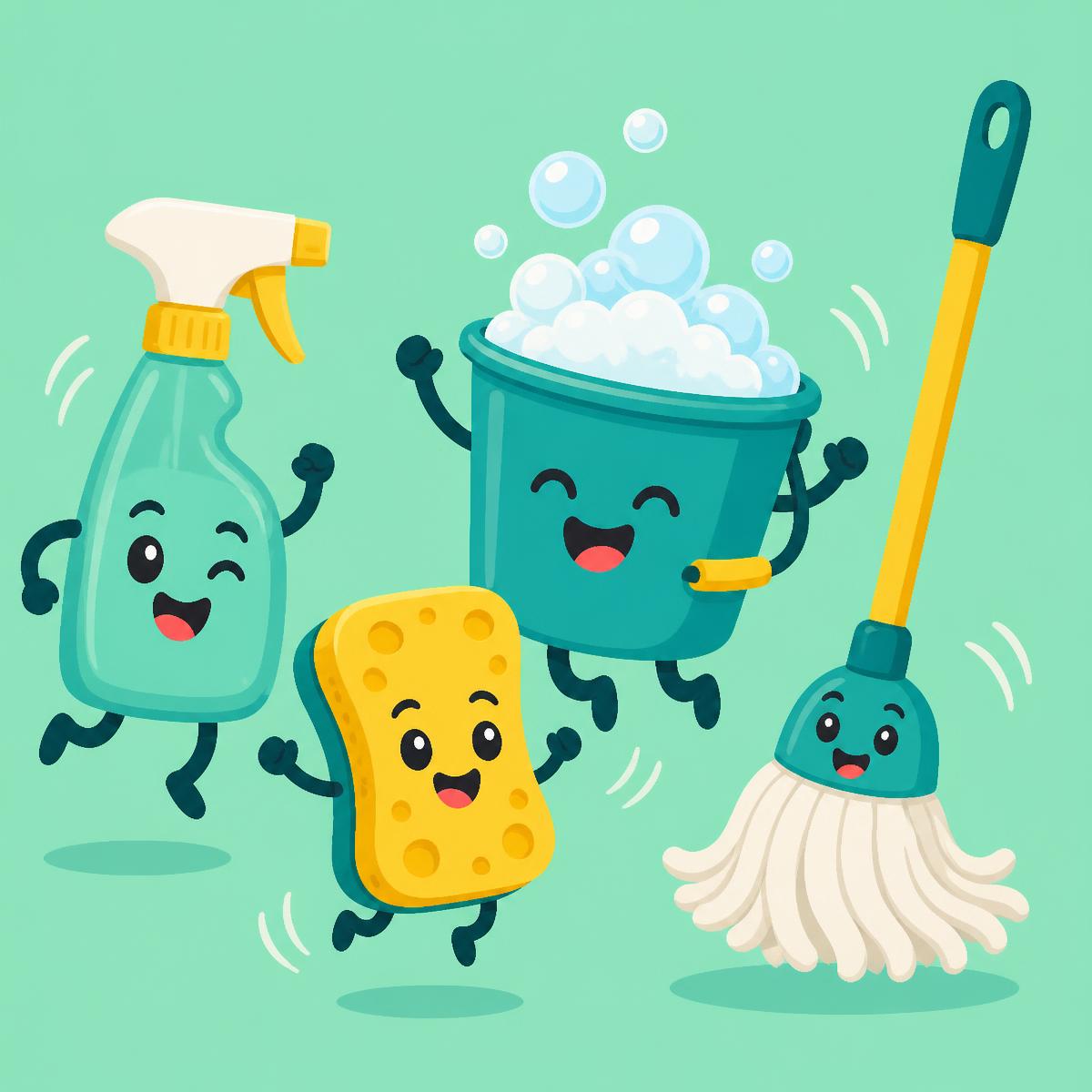 Cheerful cartoon cleaning supplies bouncing with bubbles